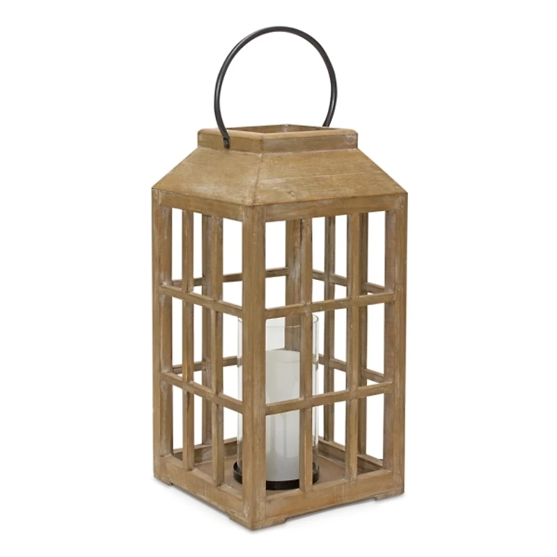 Natural Wood Windowpane Lantern, 22 in.