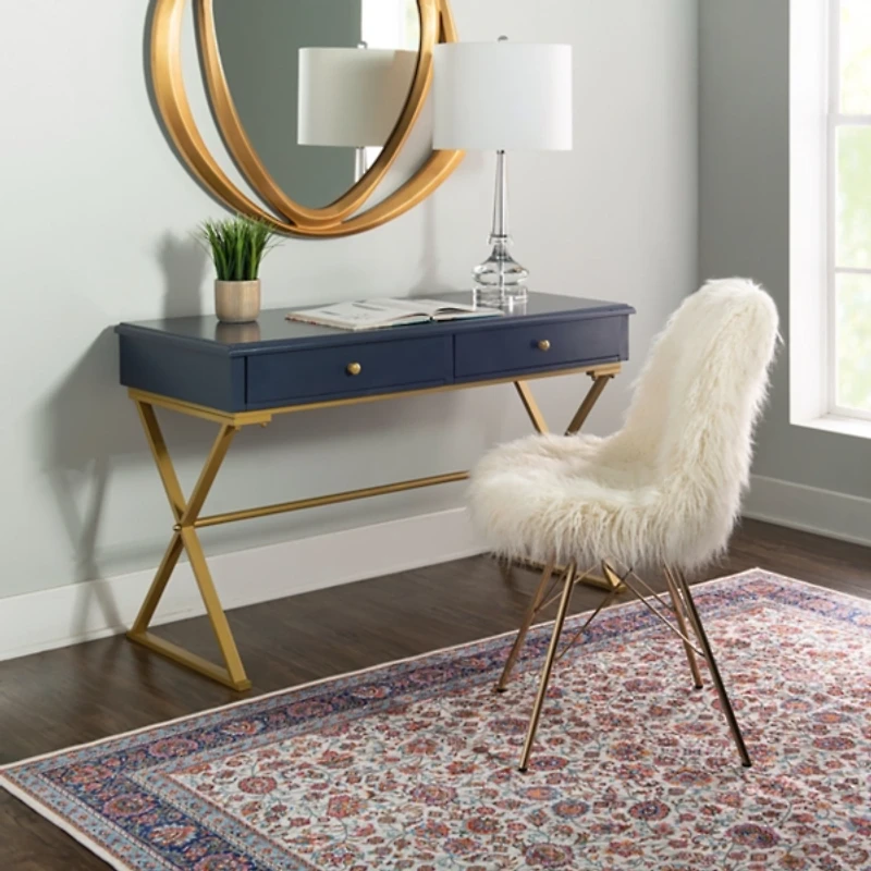 Navy and Gold 2-Drawer Wood Desk