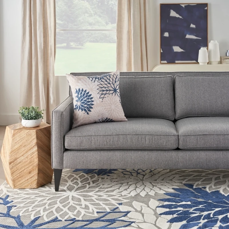 Navy Floral Chevron Outdoor Throw Pillow