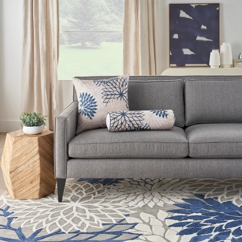 Navy Floral Chevron Outdoor Throw Pillow