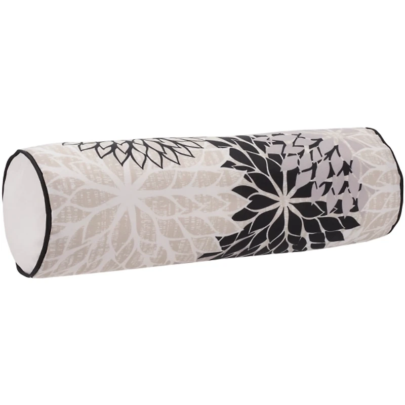 Black and Beige Floral Outdoor Bolster Pillow
