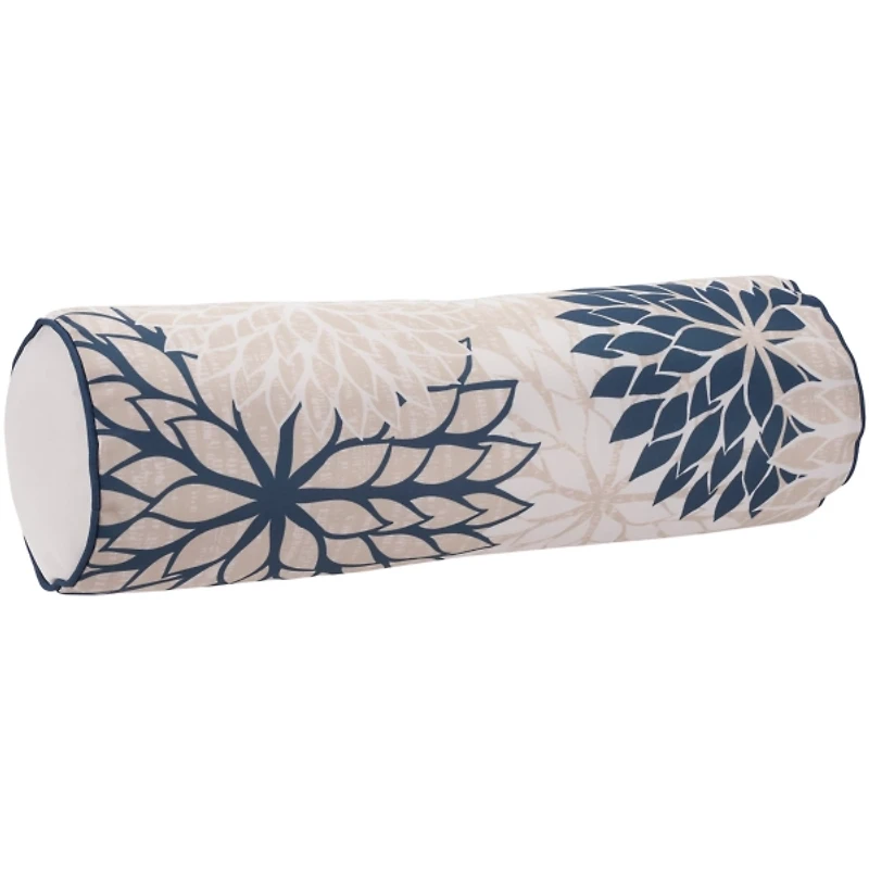Navy and Beige Floral Outdoor Bolster Pillow