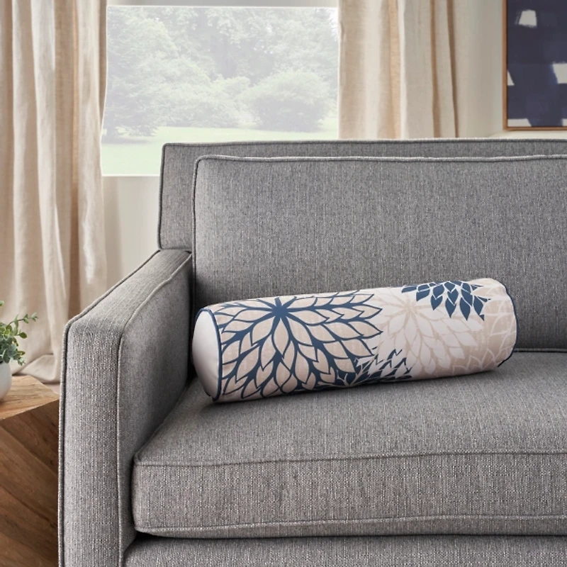 Navy and Beige Floral Outdoor Bolster Pillow