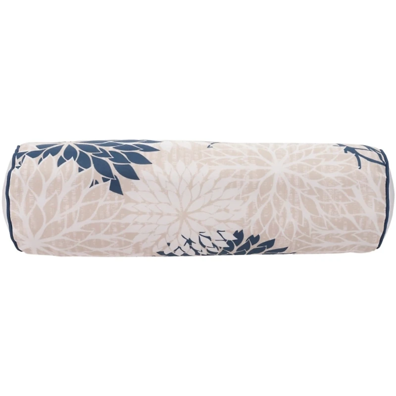 Navy and Beige Floral Outdoor Bolster Pillow