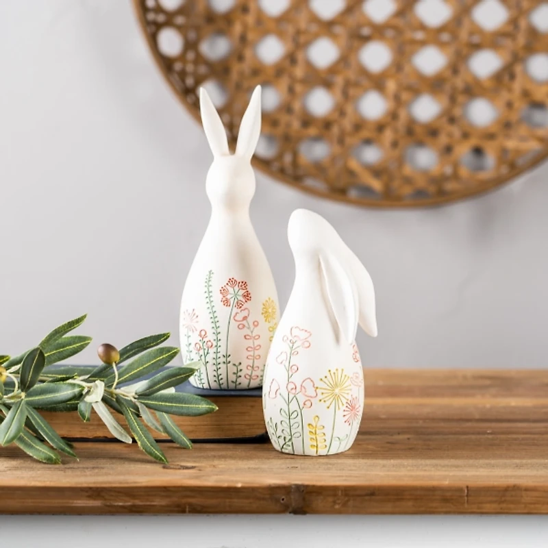 Etched Floral Bunny Statues, Set of 2