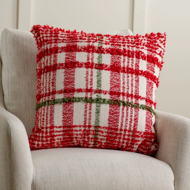 Chenille Red and Green Plaid Christmas Pillow
