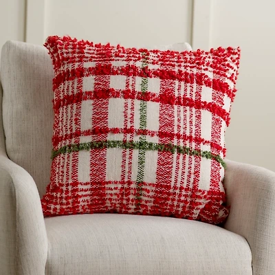 Chenille Red and Green Plaid Christmas Pillow