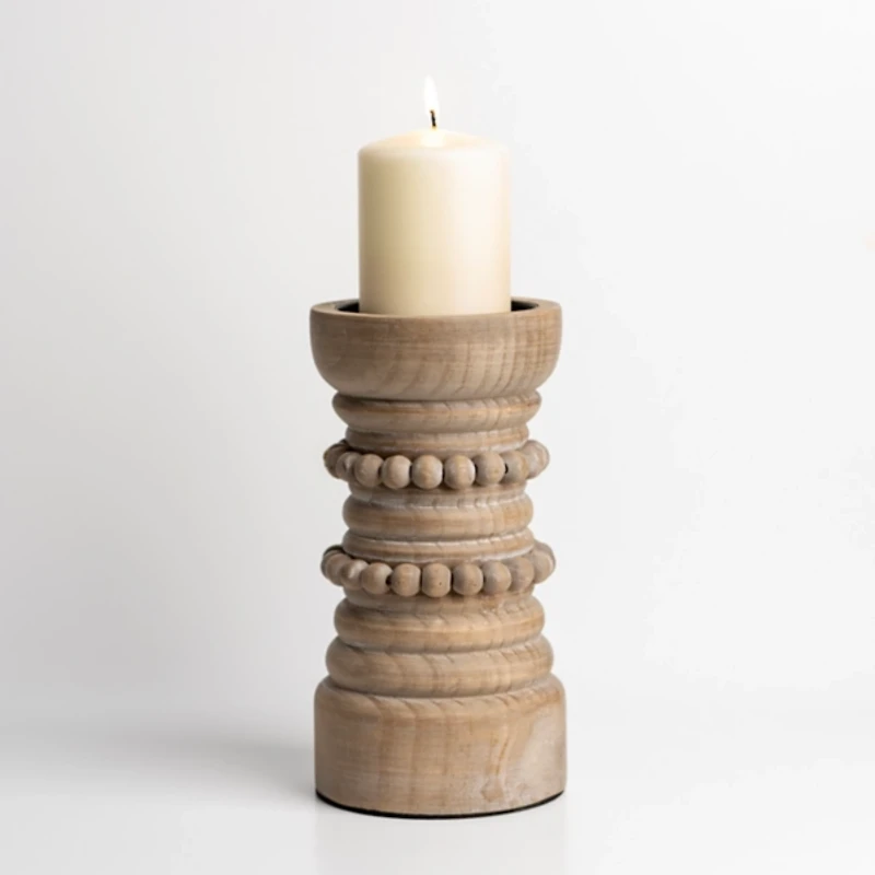 Natural Wood Beaded Pillar Candle Holder, 9 in.