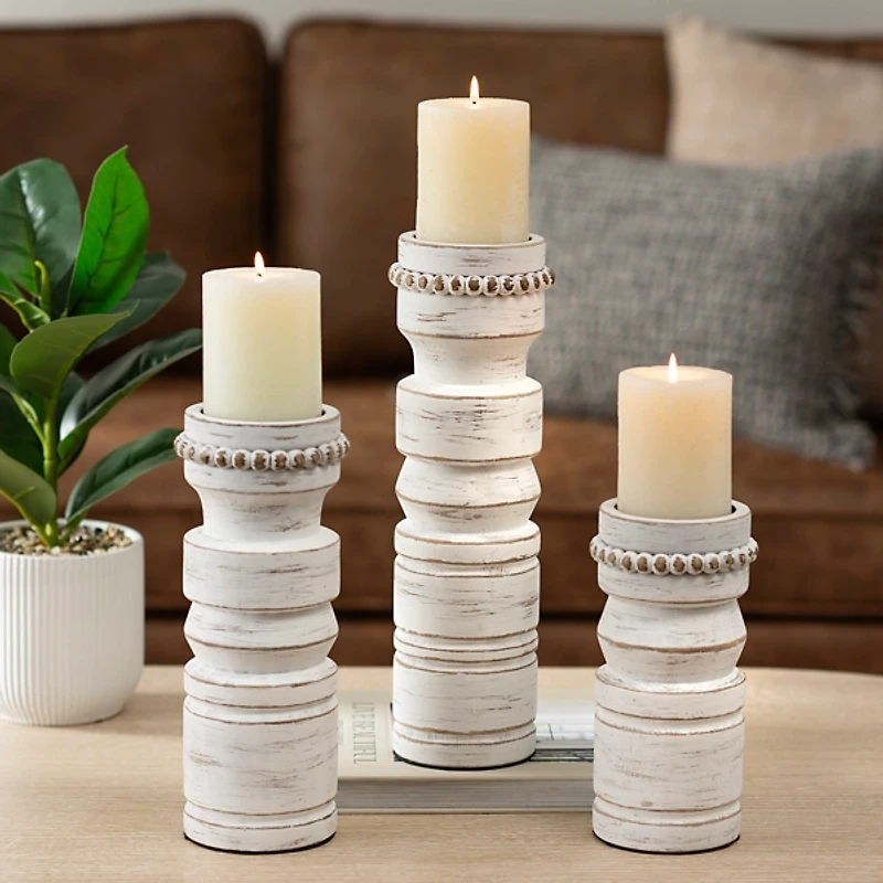 White Beaded Wood Pillar Candle Holder