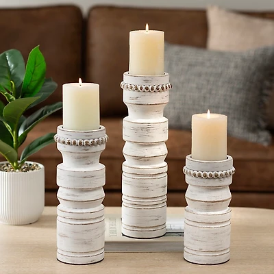 White Beaded Wood Pillar Candle Holder