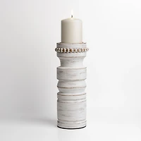 White Beaded Wood Pillar Candle Holder
