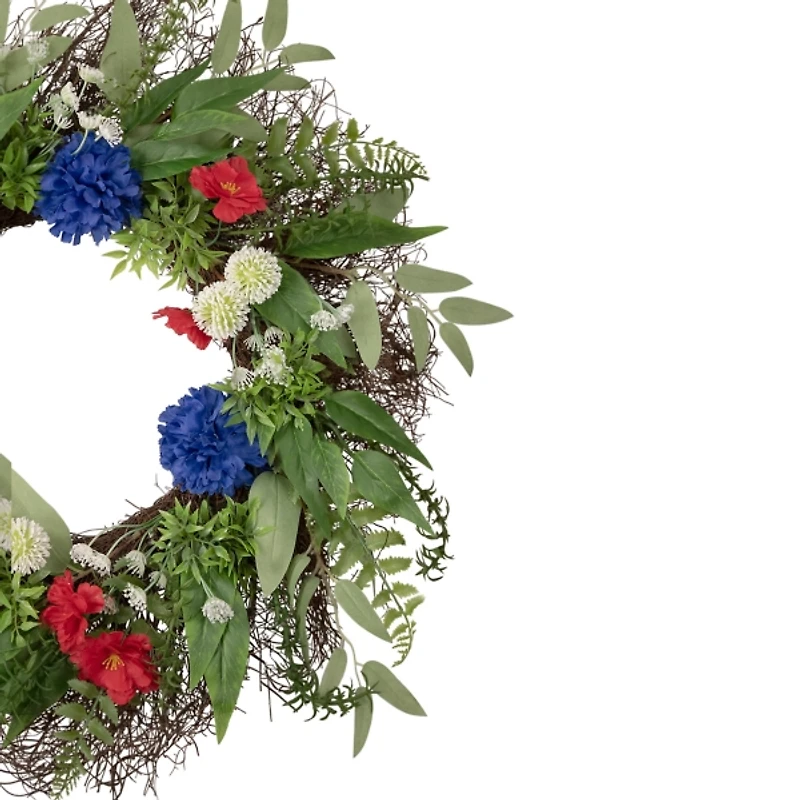 Red and Blue Mixed Floral and Foliage Wreath