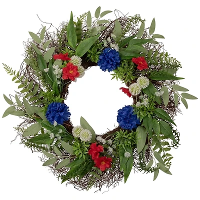 Red and Blue Mixed Floral and Foliage Wreath