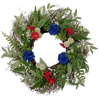 Red and Blue Mixed Floral and Foliage Wreath