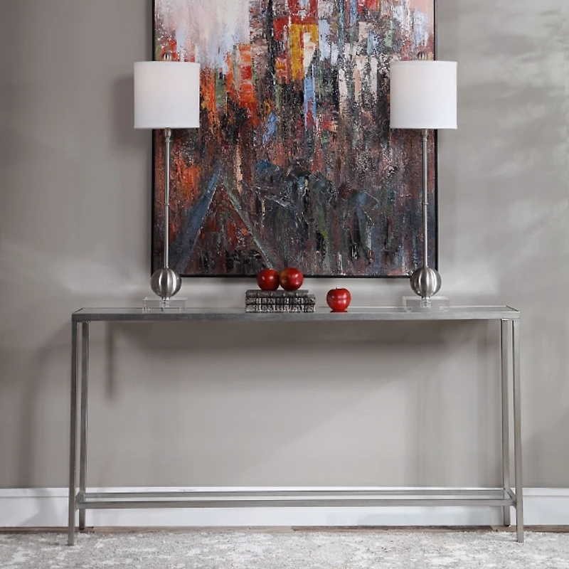 Silver Metal Mirrored Top Slim Console Table