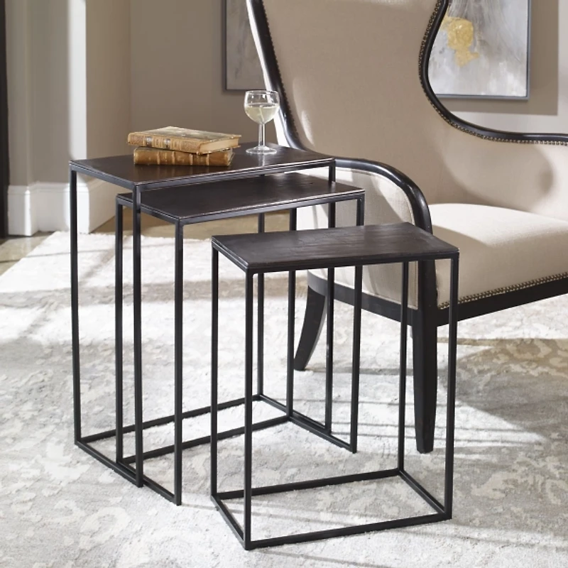 Bronze & Black Metal Nesting Side Tables, Set of 3