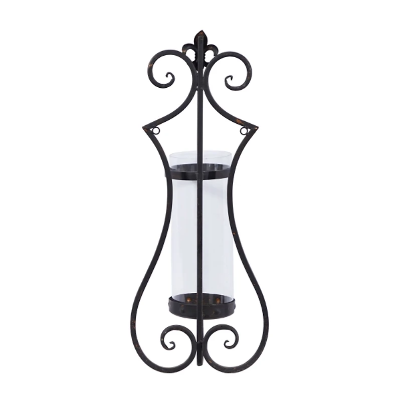 Fleur Distressed Black Iron Sconce, 25 in.