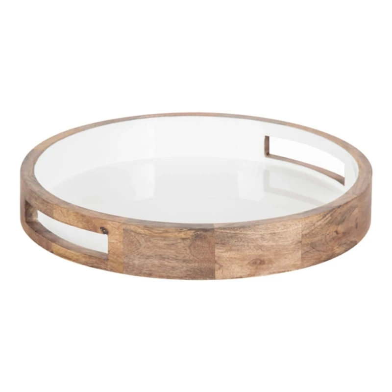 White Enameled Round Mango Wood Tray