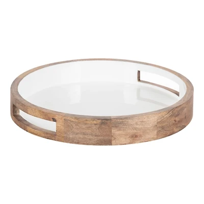 White Enameled Round Mango Wood Tray