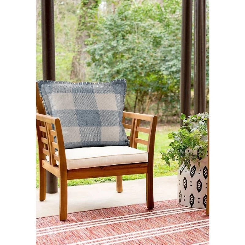 Blue Buffalo Check Stitched Outdoor Throw Pillow