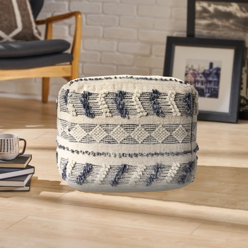 Ivory and Navy Textured Stripe Pouf