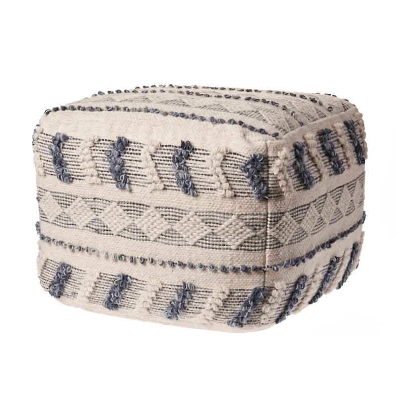 Ivory and Navy Textured Stripe Pouf