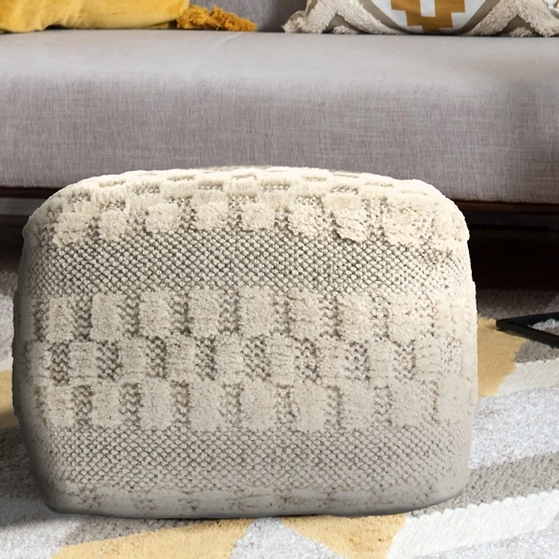 Flatweave Tufted Checker Wool Pouf