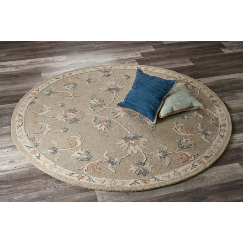 Round Gray Traditional Floral Area Rug, 4x4