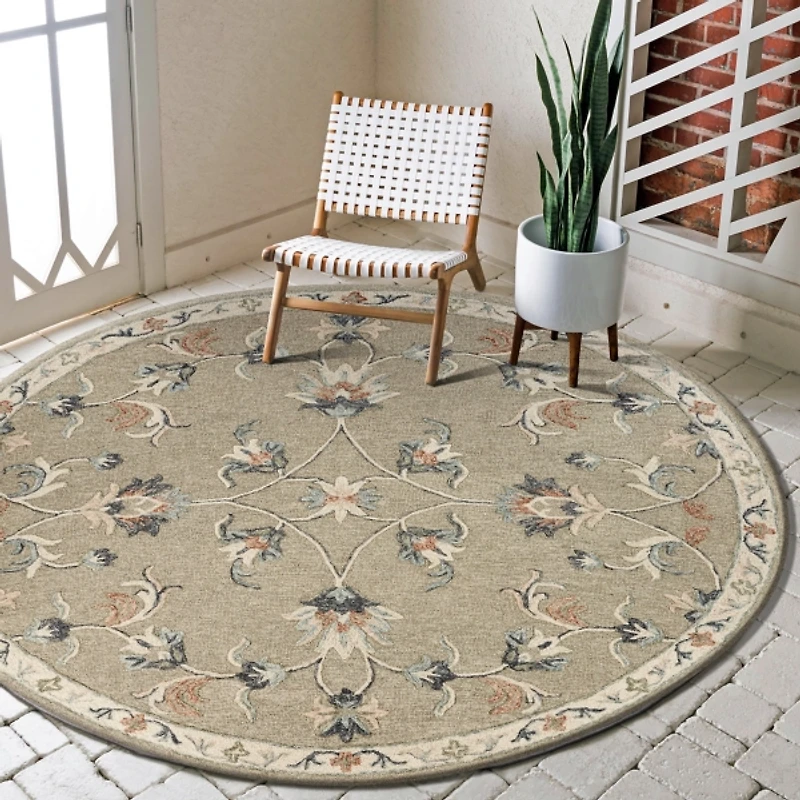 Round Gray Traditional Floral Area Rug, 4x4