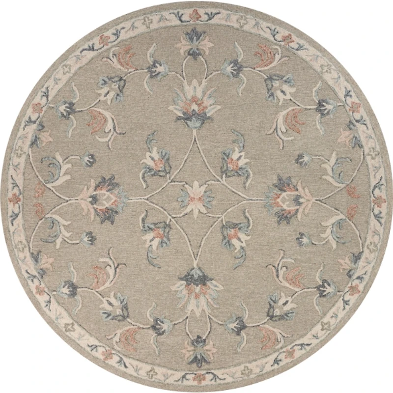 Round Gray Traditional Floral Area Rug, 4x4