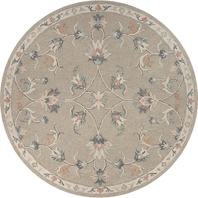 Round Gray Traditional Floral Area Rug, 4x4