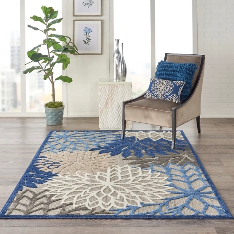 Blue Floral Burst Outdoor Area Rug, 6x9