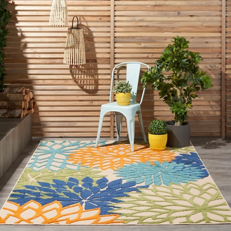 Green and Blue Floral Burst Outdoor Area Rug, 6x9