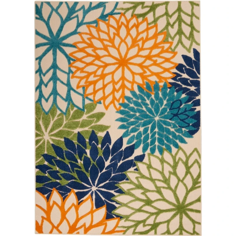 Green and Blue Floral Burst Outdoor Area Rug, 6x9