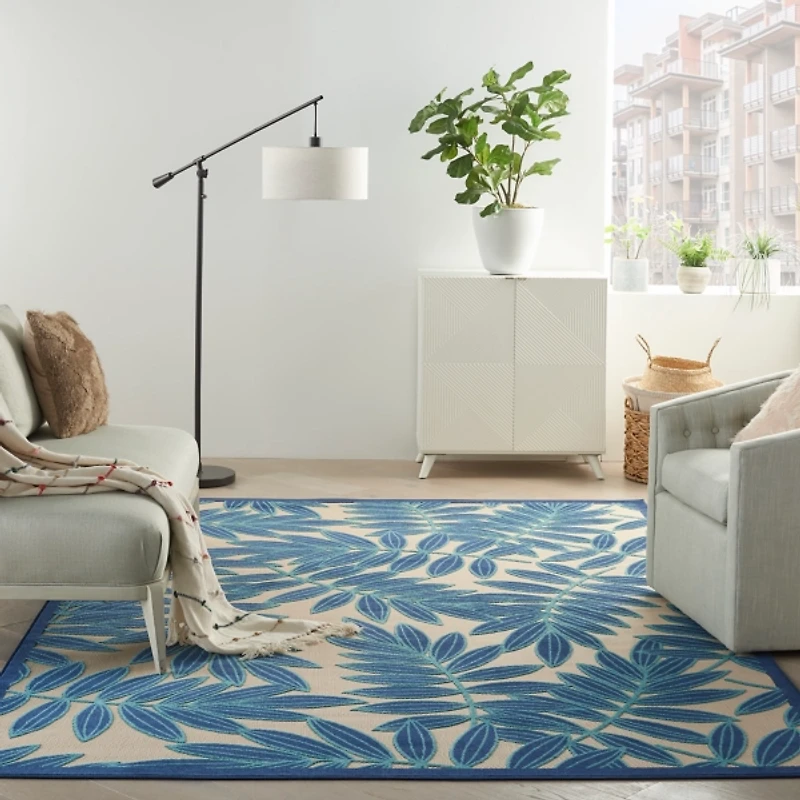 Navy and Tan Botanical Outdoor Area Rug, 6x9