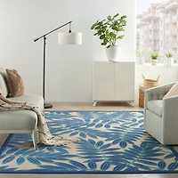 Navy and Tan Botanical Outdoor Area Rug, 6x9