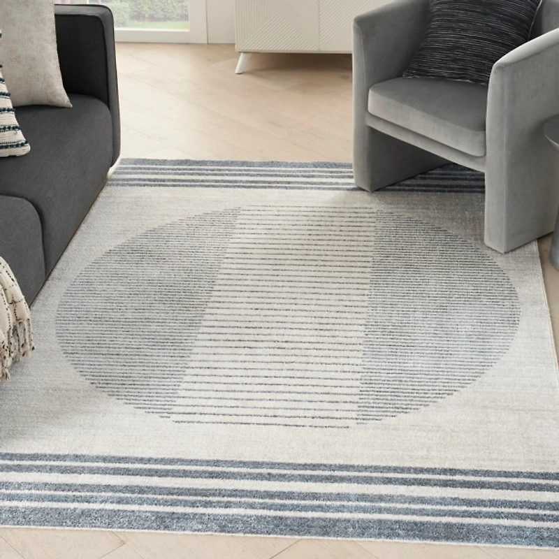 Blue and Ivory Linear Orb Washable Area Rug, 5x7