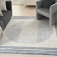 Blue and Ivory Linear Orb Washable Area Rug, 5x7