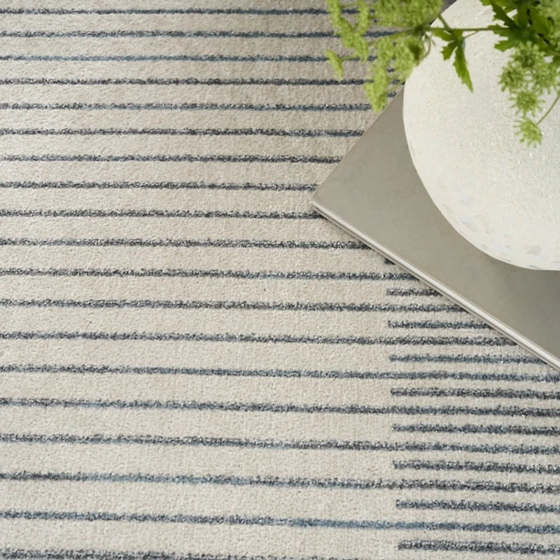 Blue and Ivory Linear Orb Washable Area Rug, 5x7