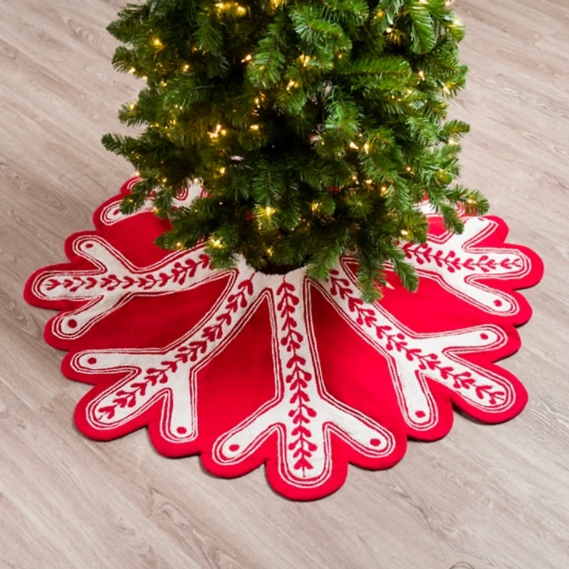 Red and White Snowflake Shaped Tree Skirt
