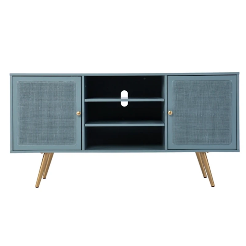 Light Blue Wood and Cane Media Cabinet