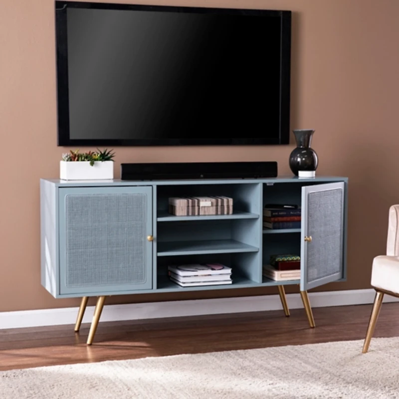 Light Blue Wood and Cane Media Cabinet