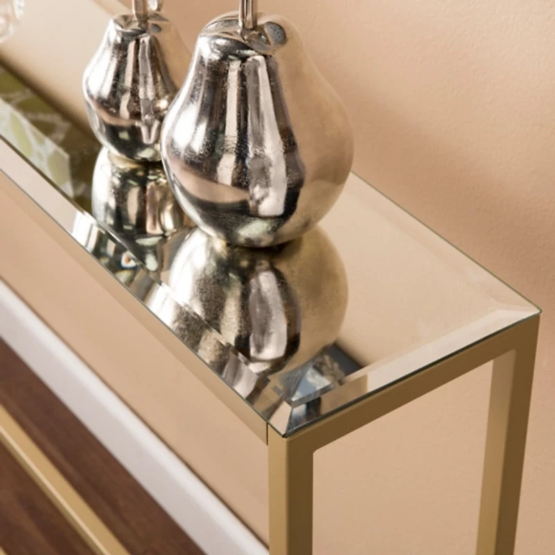 Long Gold Metal Mirrored Top Console Table