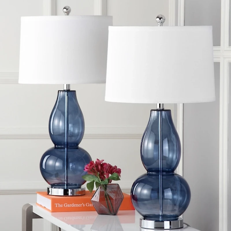 Blue Glass Hourglass Table Lamps, Set of 2