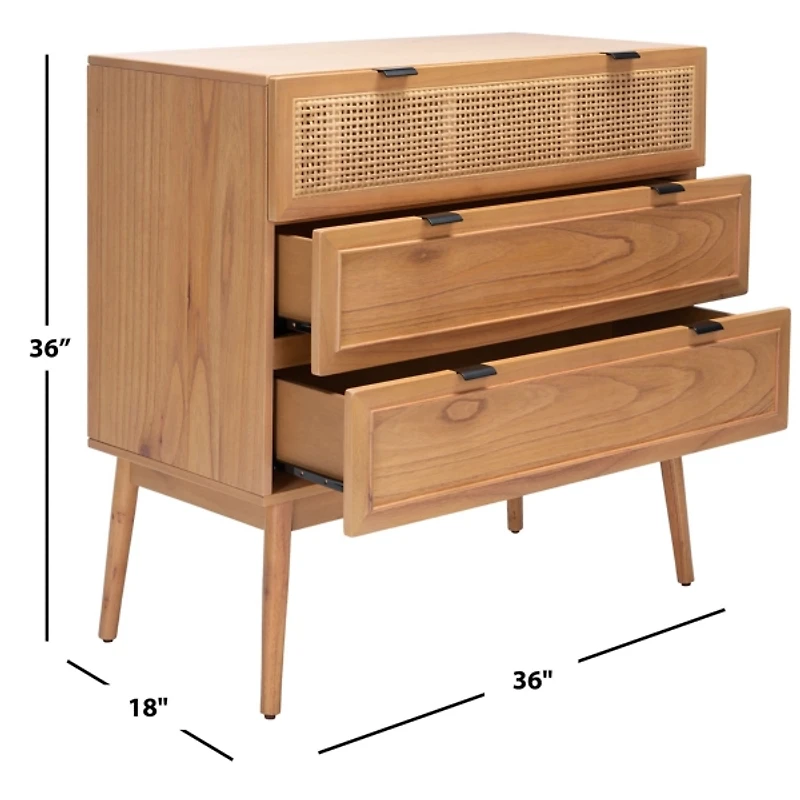 Light Brown Wood and Cane 3-Drawer Chest