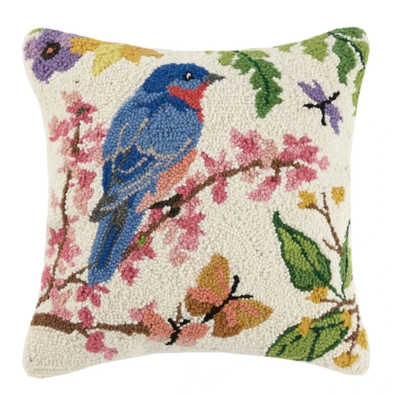 Floral Bluebird Hooked Wool Pillow