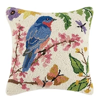 Floral Bluebird Hooked Wool Pillow