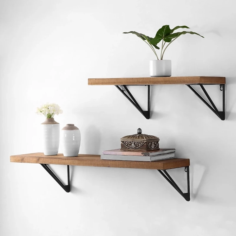 Classic Brown Wood Wall Shelves, Set of 2