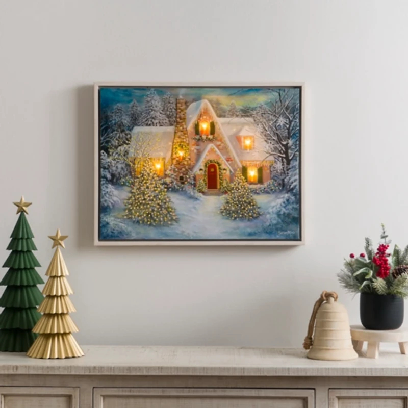 LED Snowy Christmas House Canvas Art Print