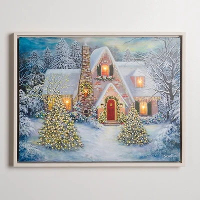 LED Snowy Christmas House Canvas Art Print